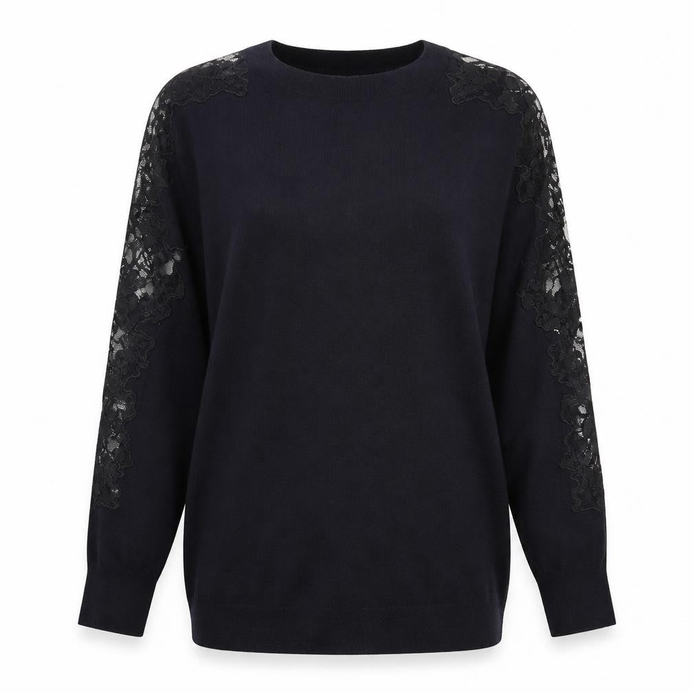 Front view of Warehouse women’s blue crew neck viscose jumper, size UK 8