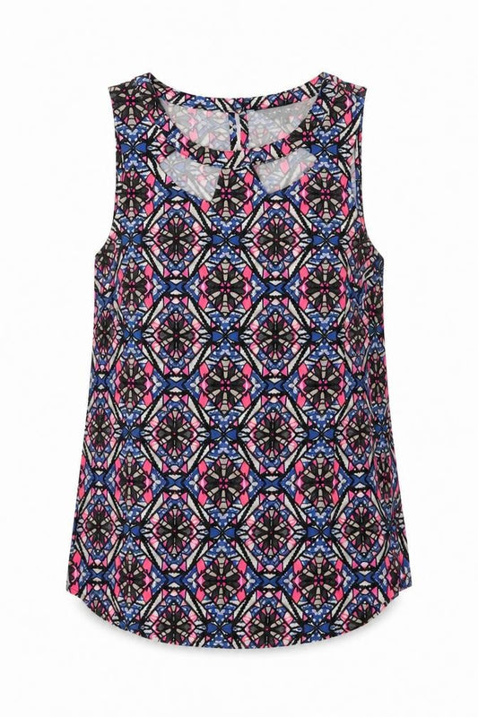 Front view of New Look women’s multicoloured geometric viscose basic blouse, size UK 8, round neck