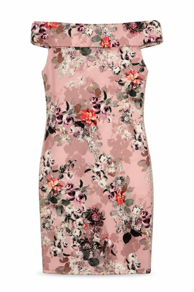 Boohoo Womens Pink Floral Polyester Pencil Dress  Size M  Off the Shoulder Pullover