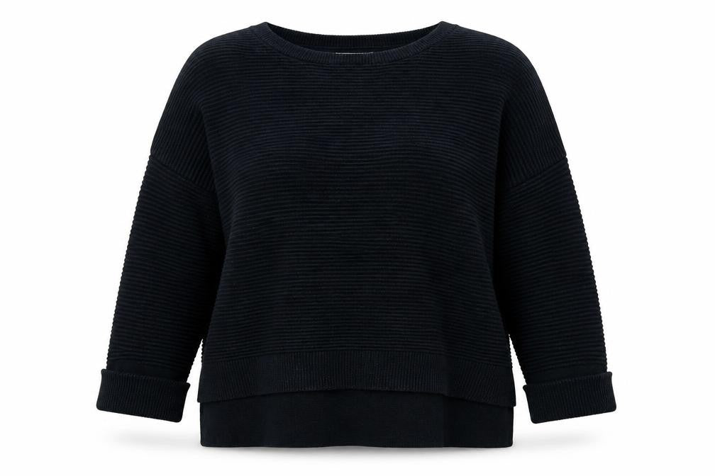 Front view of Alice Collins women’s black crew neck striped viscose jumper, size UK 12