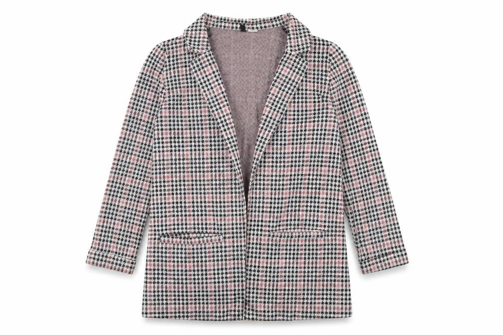 Front view of h^m women’s grey plaid jacket blazer, size S