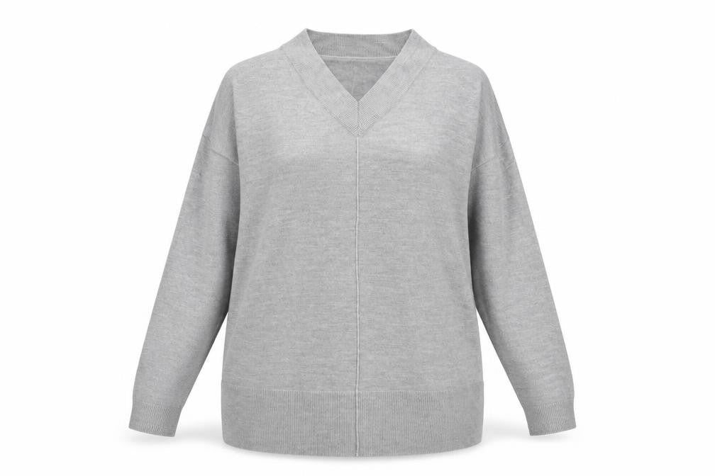 Front view of Bonmarché women’s grey v-neck acrylic jumper, size M