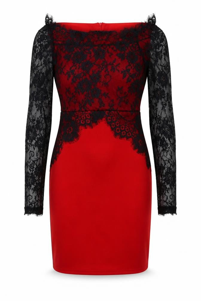 Preworn Womens Red  Cotton Bodycon  Size L  Off the Shoulder Zip - Lace Detail