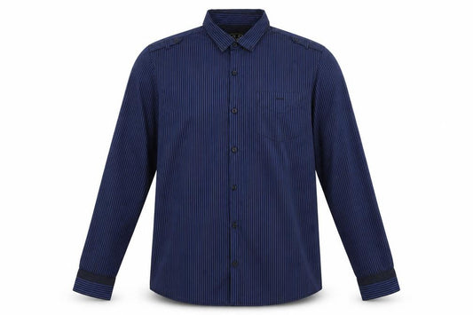 Front view of River Island men’s blue striped polyester button-up, size L, collared button
