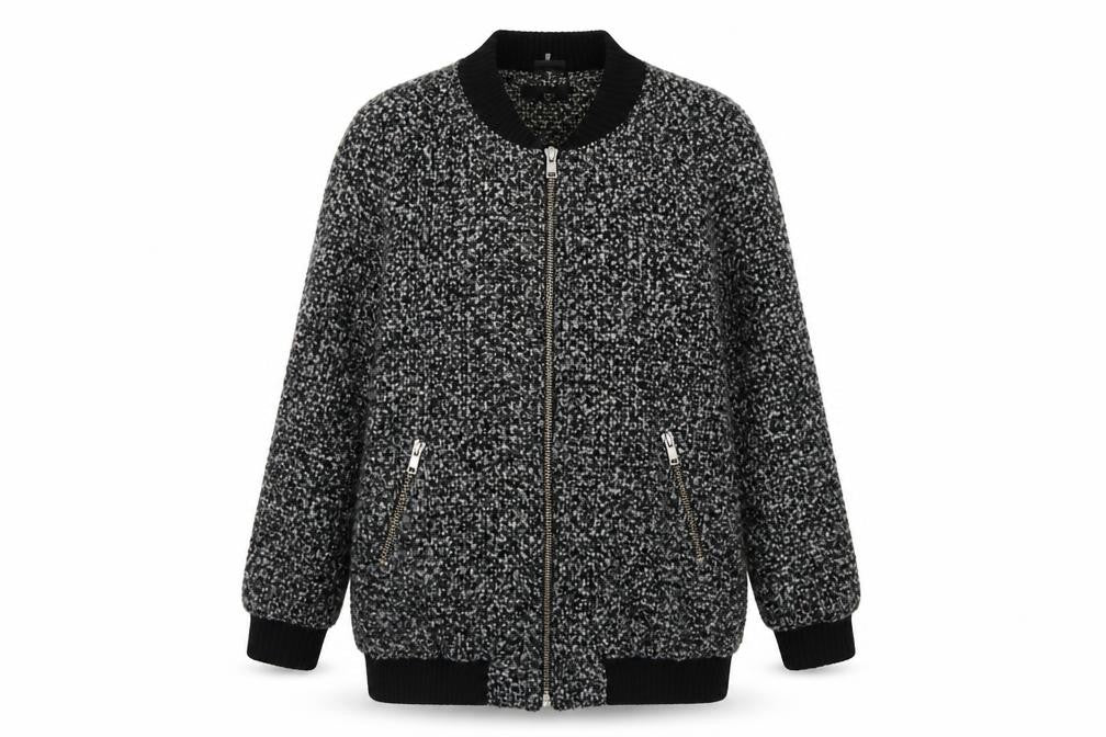 Front view of Sparkle & Fade women’s grey geometric jacket, size L, zip