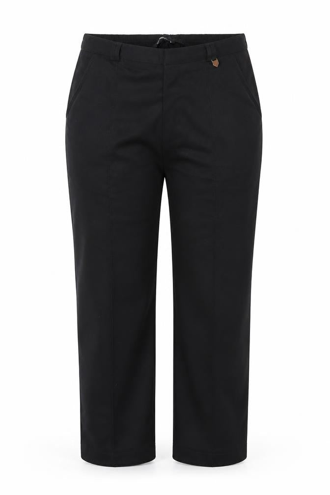 Front view of Bonmarché women’s black polyester trousers, size UK 16, 24-inch leg regular