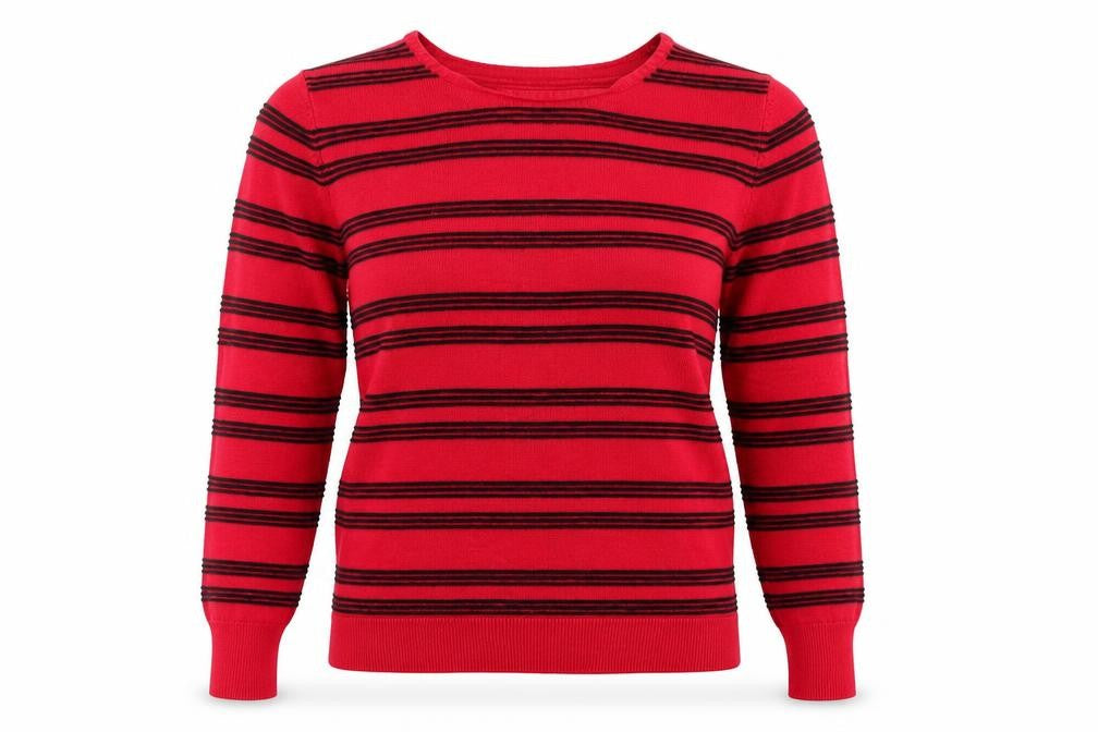 Front view of Paramour women’s red round neck striped acrylic jumper, size M