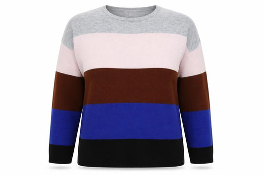Front view of Warehouse women’s multicoloured round neck striped polyester jumper, size UK 12
