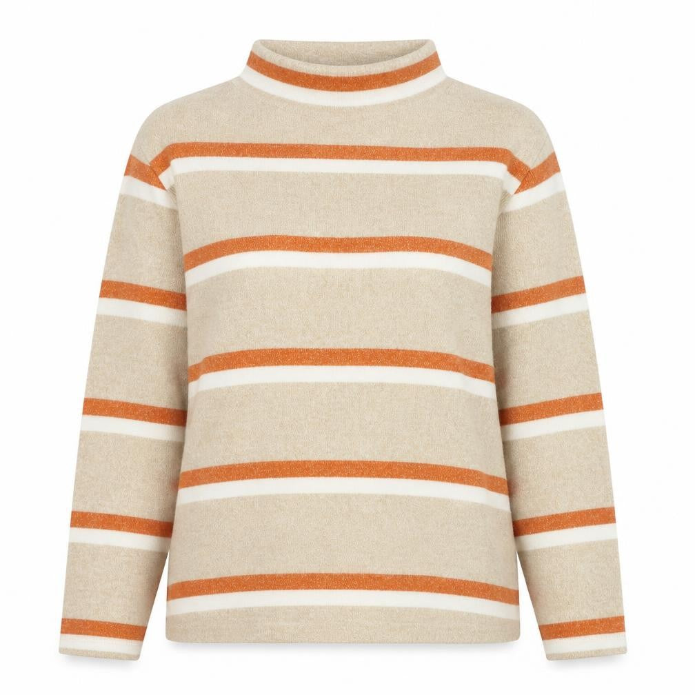 Front view of Tu women’s beige mock neck striped polyester jumper, size UK 14