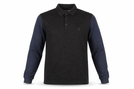 Front view of Peter Werth men’s blue acrylic polo, size M, collared button