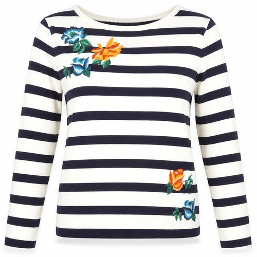 Bonmarché Womens Multicoloured Round Neck Striped Acrylic Pullover Jumper Size S   - Embroidered flowers