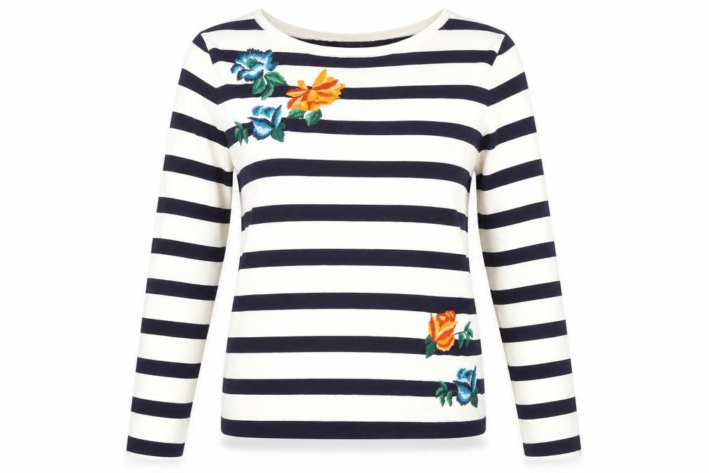 Bonmarché Womens Multicoloured Round Neck Striped Acrylic Pullover Jumper Size S   - Embroidered flowers