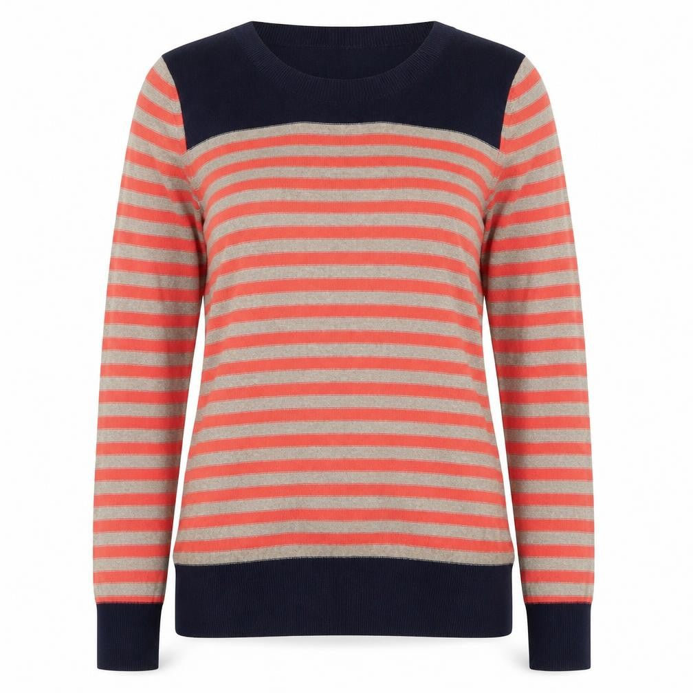 Front view of Gap women’s red crew neck striped cotton jumper, size M