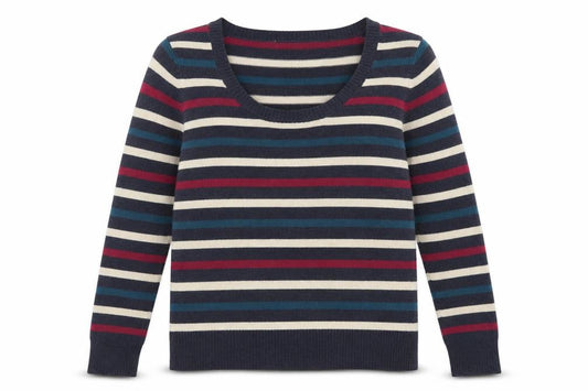 Front view of Papaya women’s multicoloured scoop neck striped acrylic jumper, size UK 14
