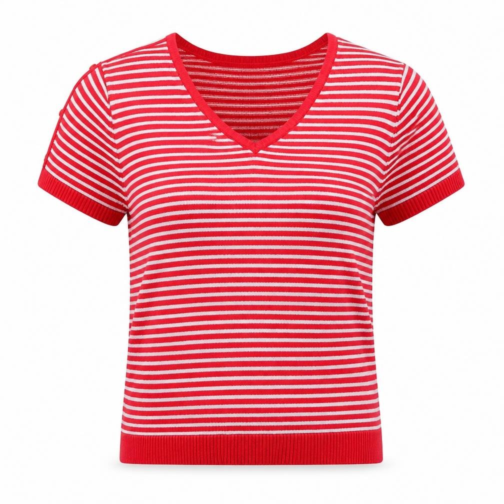 Front view of LiQiMaNa women’s red v-neck striped acrylic jumper, size M