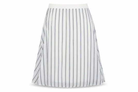 Front view of Atmosphere women’s white striped polyester pleated skirt, size UK 8