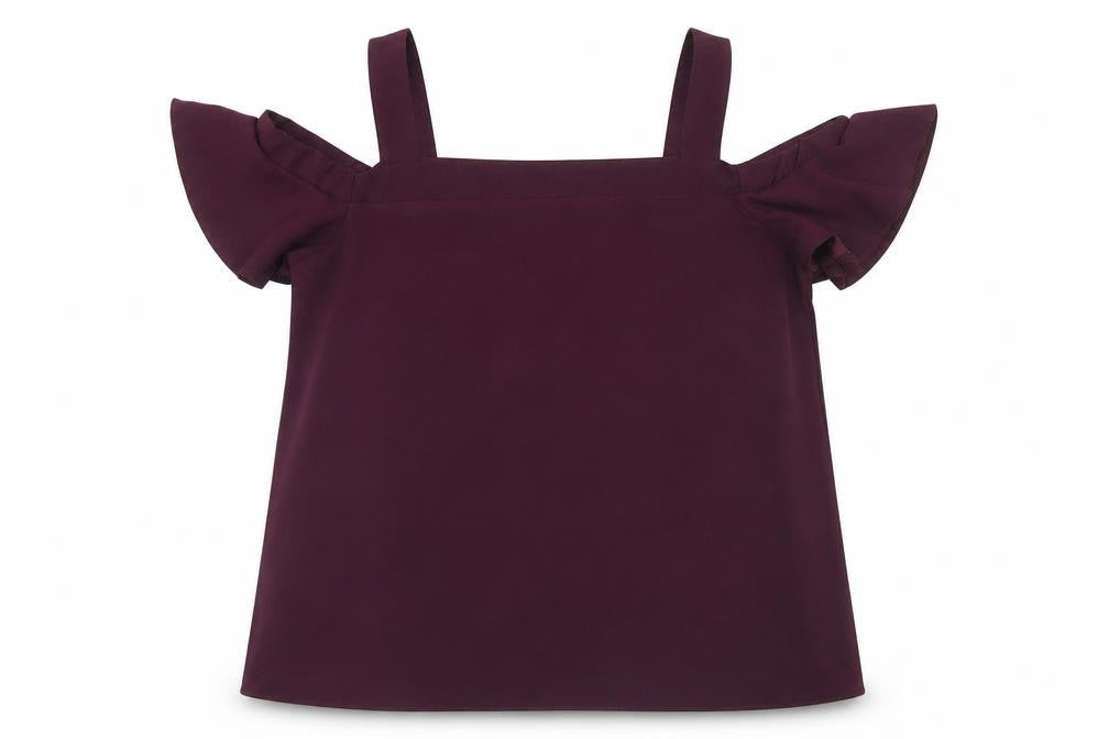 Front view of Atmosphere women’s purple polyester basic blouse, size UK 10, off the shoulder - cold shoulder