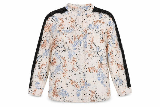 Front view of Marks & Spencer women’s ivory floral viscose basic button-up, size UK 16, collared