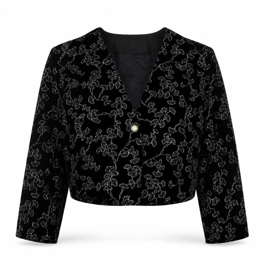 Front view of Premiere women’s black geometric jacket blazer, size UK 14, button