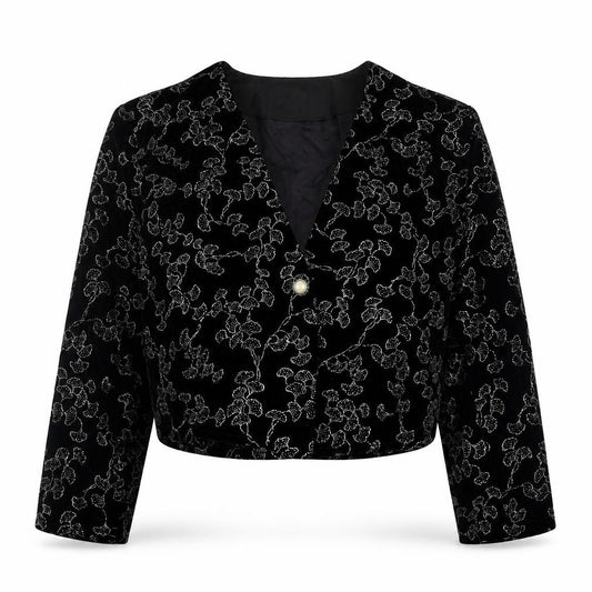 Front view of Premiere women’s black geometric jacket blazer, size UK 14, button