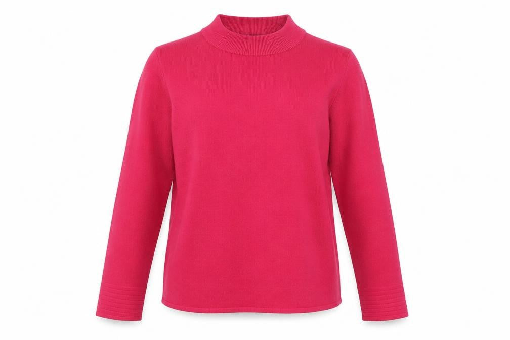 Front view of Bonmarché women’s pink crew neck acrylic jumper, size UK 10