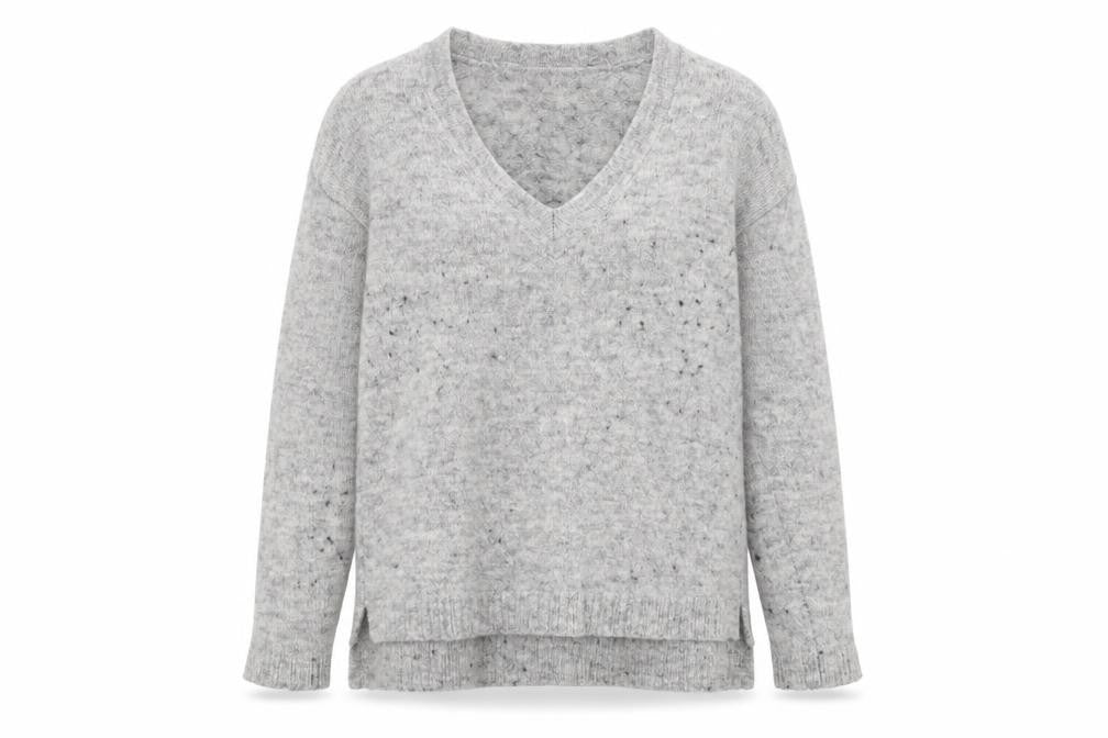 Front view of Next women’s grey v-neck acrylic jumper, size UK 10