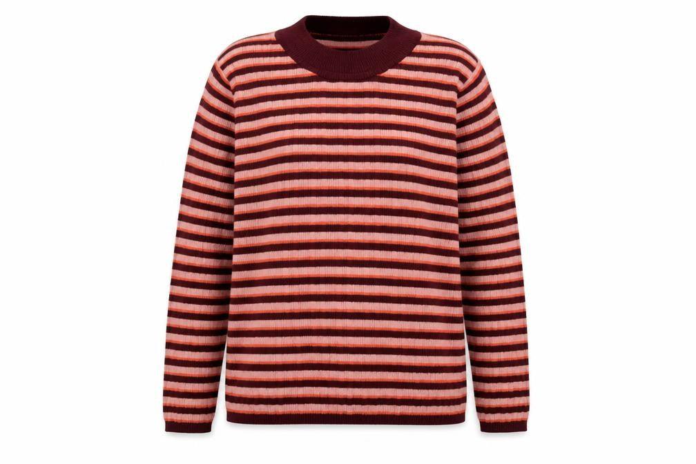 Front view of Primark women’s multicoloured crew neck striped polyester jumper, size XL