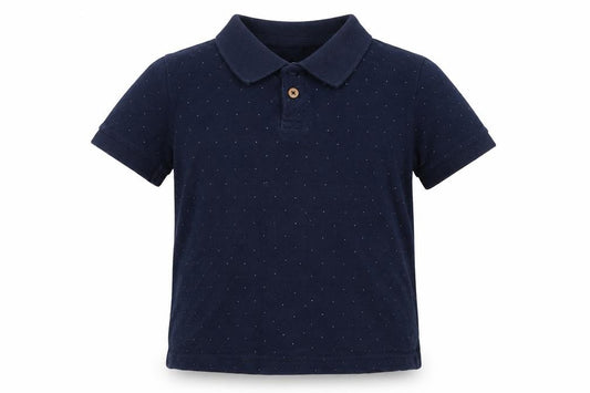 Front view of Mango boys’ blue spotted cotton basic polo, size 6, years collared button