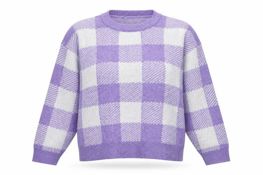 Front view of Primark women’s purple round neck check acrylic jumper, size UK 12