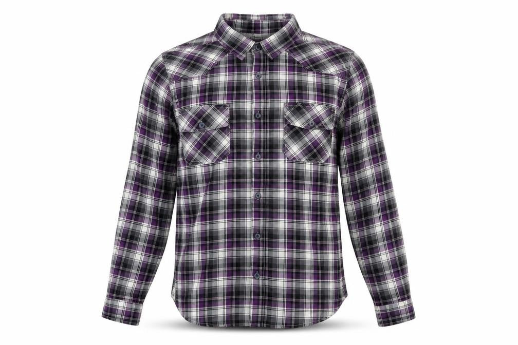 Front view of UNION MADE men’s grey plaid cotton button-up, size L, collared button