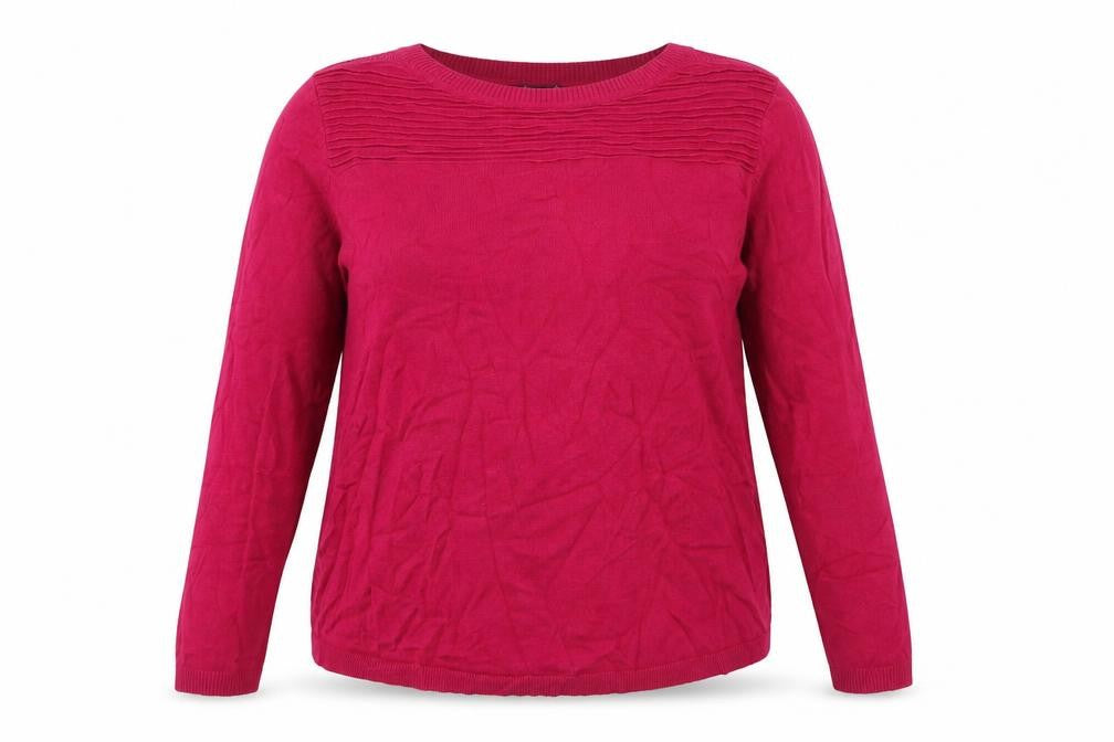 Front view of Bonmarché women’s pink round neck viscose jumper, size UK 16