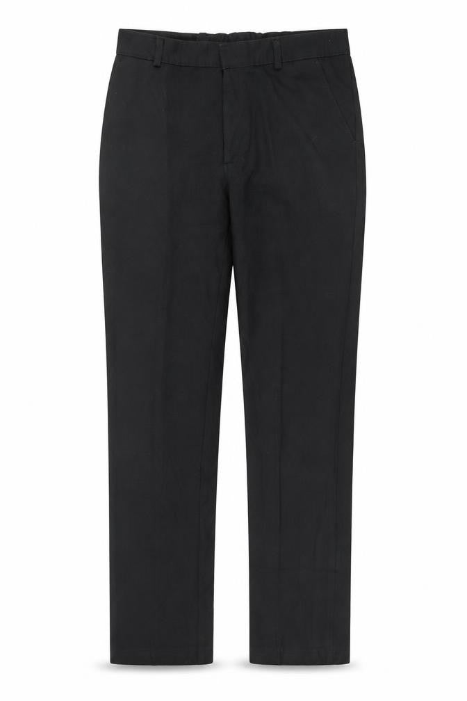 Front view of Preworn women’s black polyester trousers, size UK 30, in, 30-inch leg regular zip