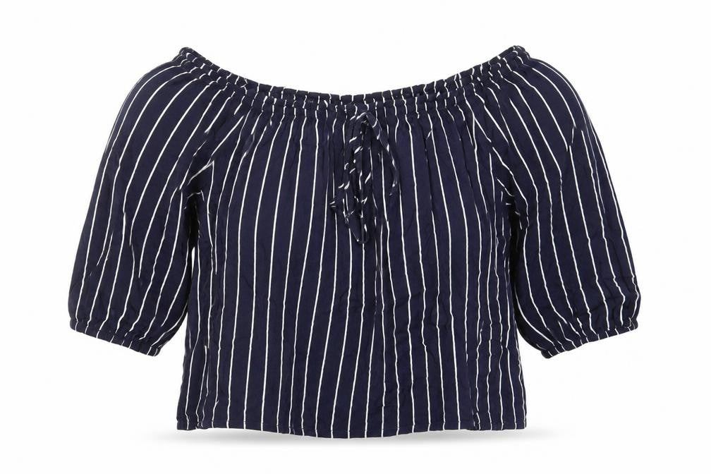 Front view of New Look women’s blue striped viscose basic blouse, size UK 8, off the shoulder