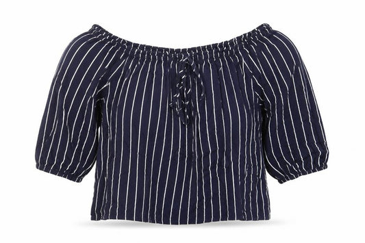Front view of New Look women’s blue striped viscose basic blouse, size UK 8, off the shoulder