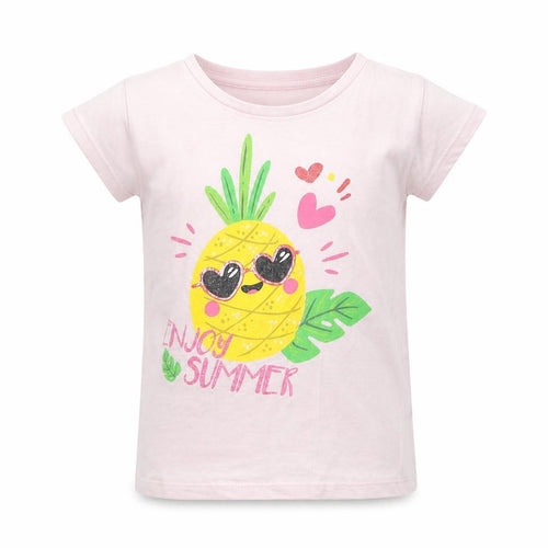 Young Style Girls Pink  Cotton Pullover T-Shirt Size 5-6 Years Crew Neck Pullover - Pineapple
