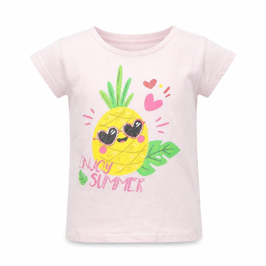 Young Style Girls Pink  Cotton Pullover T-Shirt Size 5-6 Years Crew Neck Pullover - Pineapple