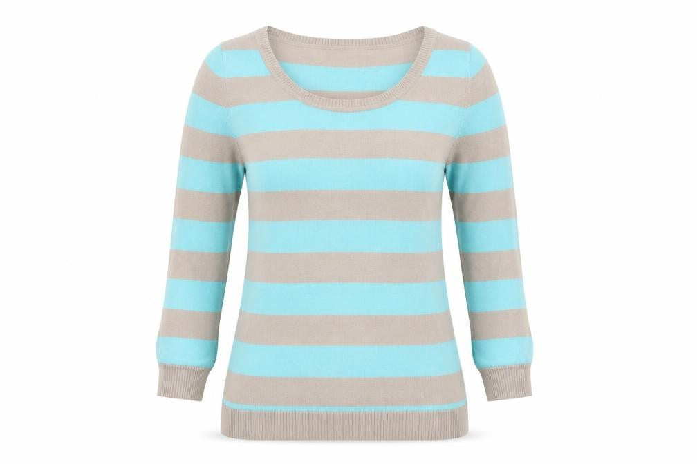 Front view of H&M women’s blue scoop neck striped acrylic jumper, size XS