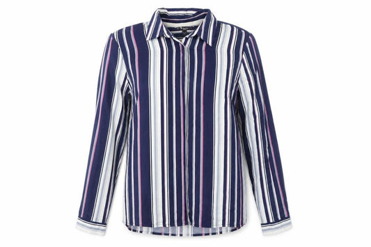 Front view of Brandtex women’s blue striped viscose basic button-up, size UK 12, collared