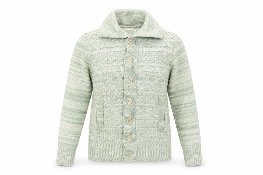 Front view of Cassidy women’s green collared wool cardigan jumper, size S
