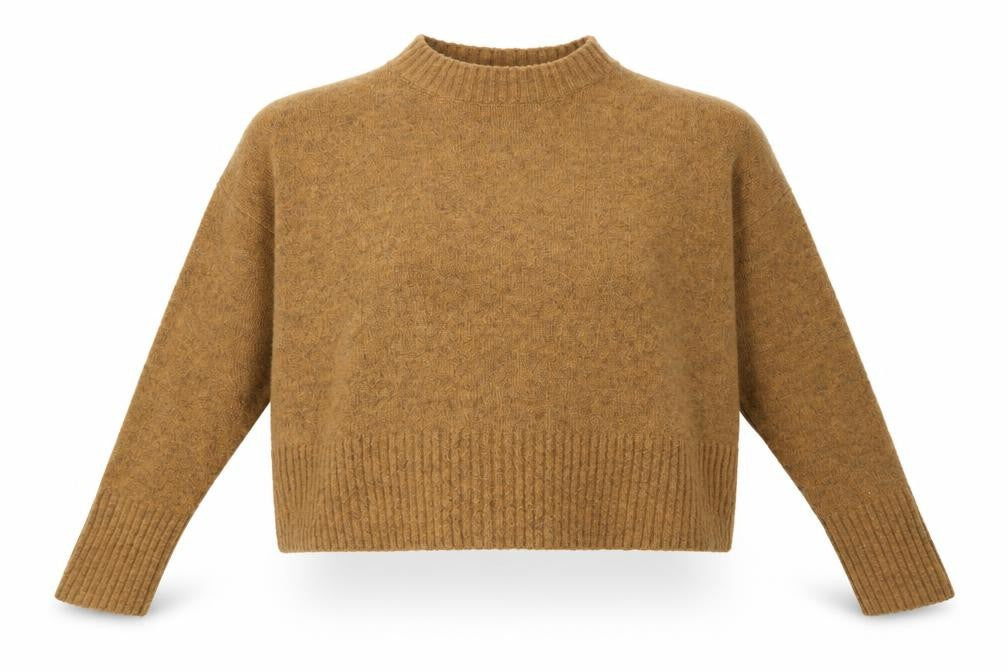 Front view of BDG women’s brown round neck acrylic jumper, size M