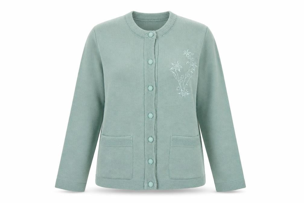 Front view of ME women’s green round neck polyester cardigan jumper, size M