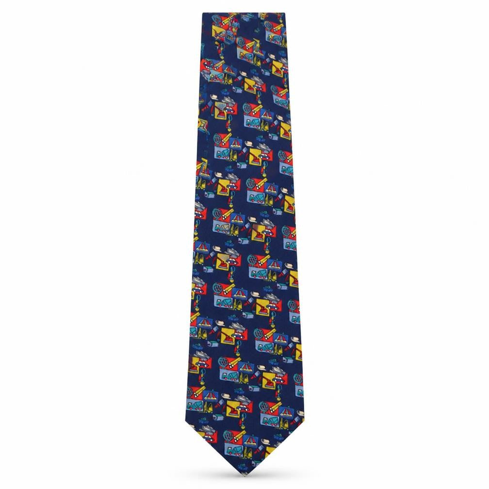 Front view of Vinuchi men’s multicoloured geometric polyester pointed tie one size - diggers & trucks