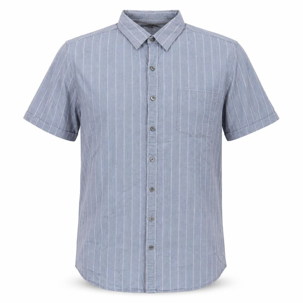 Front view of Marc Anthony men’s blue striped cotton button-up, size XL, collared button