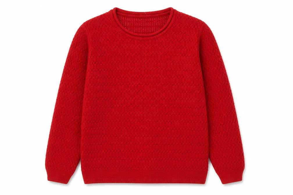 Front view of Isle Essentials women’s red round neck acrylic jumper, size M