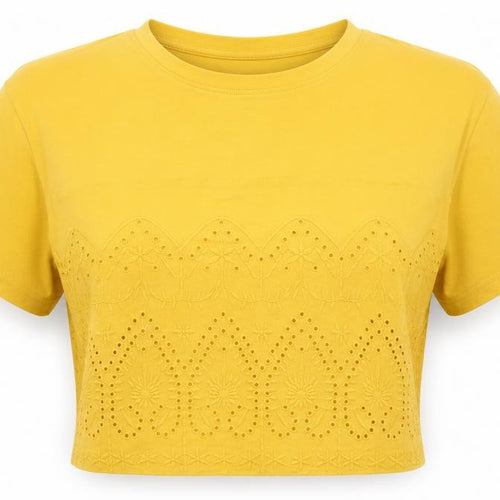 Primark Womens Yellow Floral Cotton Cropped T-Shirt Size XS Crew Neck