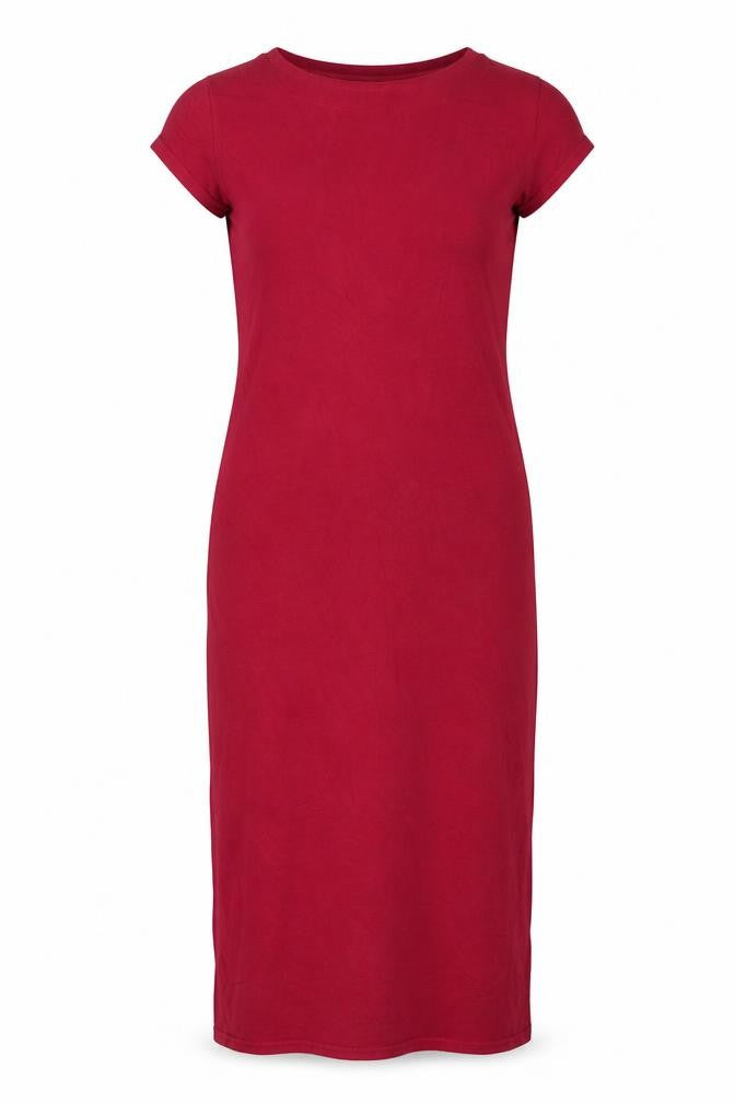 Front view of boogoo women’s pink viscose bodycon, size UK 10, crew neck pullover