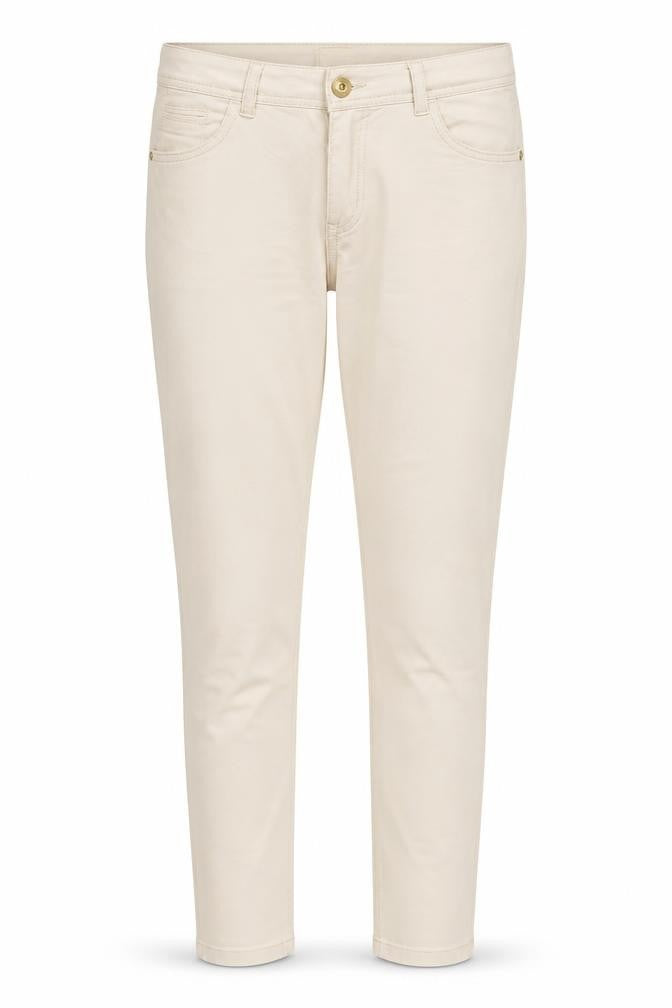 Front view of R Ping women’s beige cotton trousers, size UK 14, 32-inch leg regular button