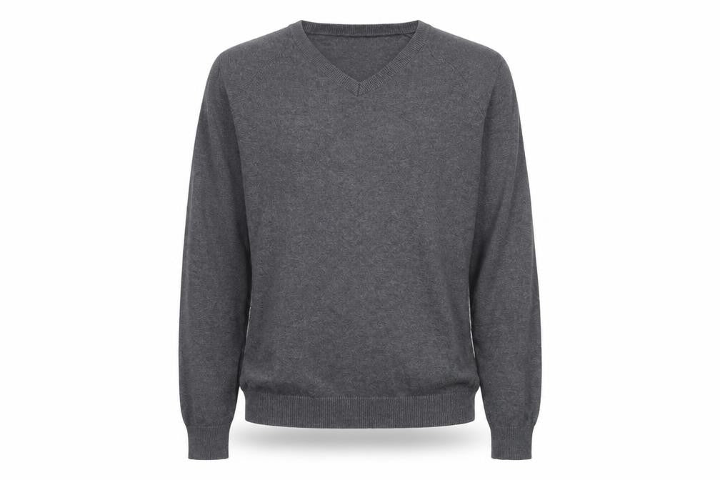 Front view of New Look men’s grey v-neck cotton jumper, size L