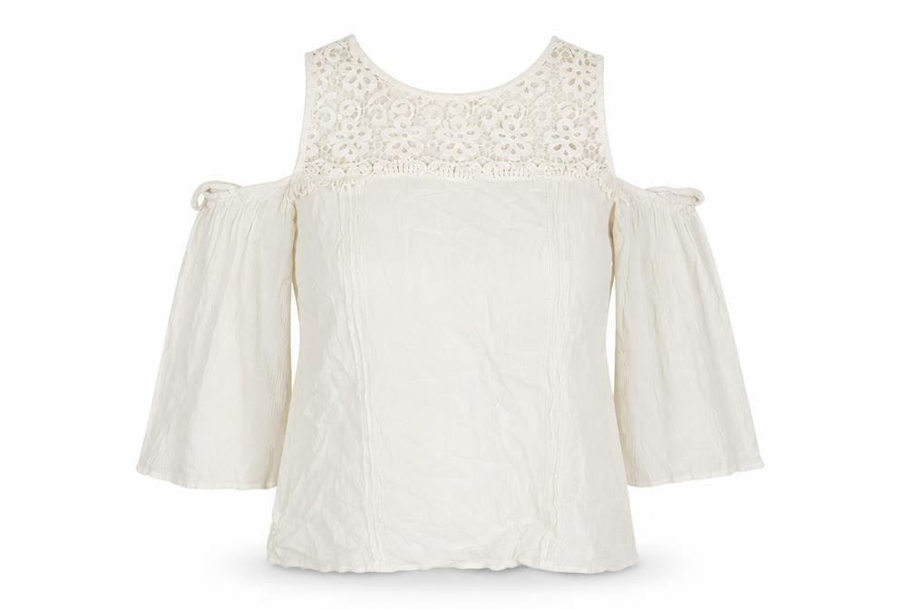 Front view of Tu women’s white floral viscose basic blouse, size UK 14, round neck