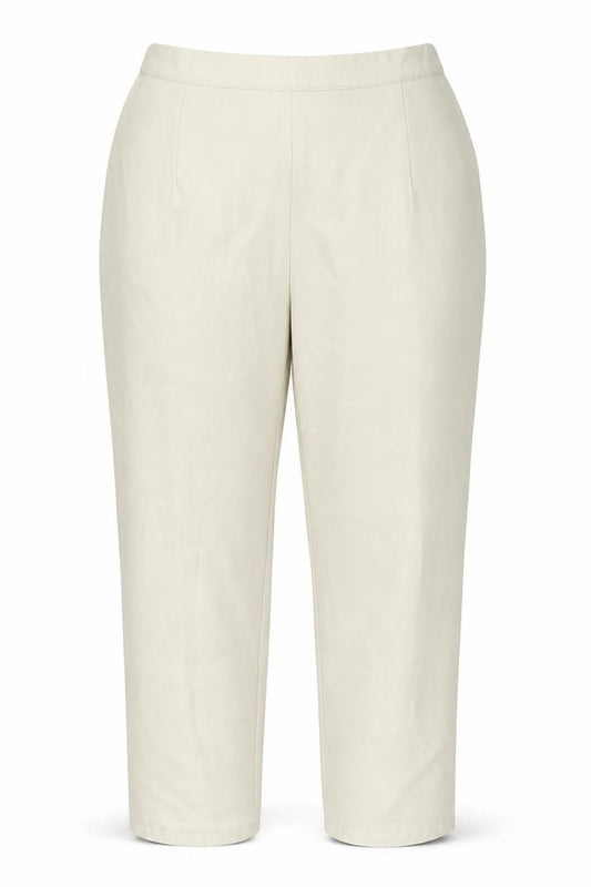 Front view of Preworn women’s beige polyester trousers, size UK 18, 27-inch leg regular